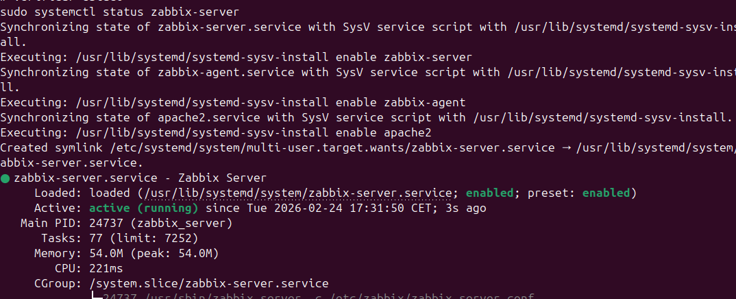 Verificando el estado del servicio zabbix-server: Active running